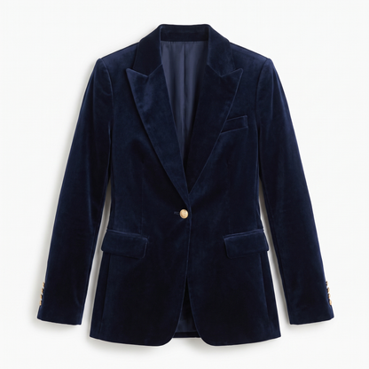 Sunoire isla womens structured velvet gold button slim fit blazer garment flatlay 01