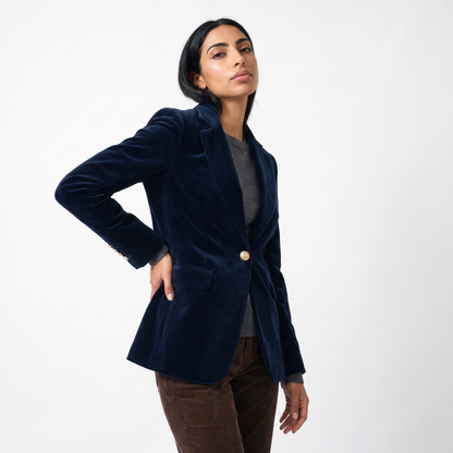Sunoire isla womens structured velvet gold button slim fit blazer top crop 3q 01