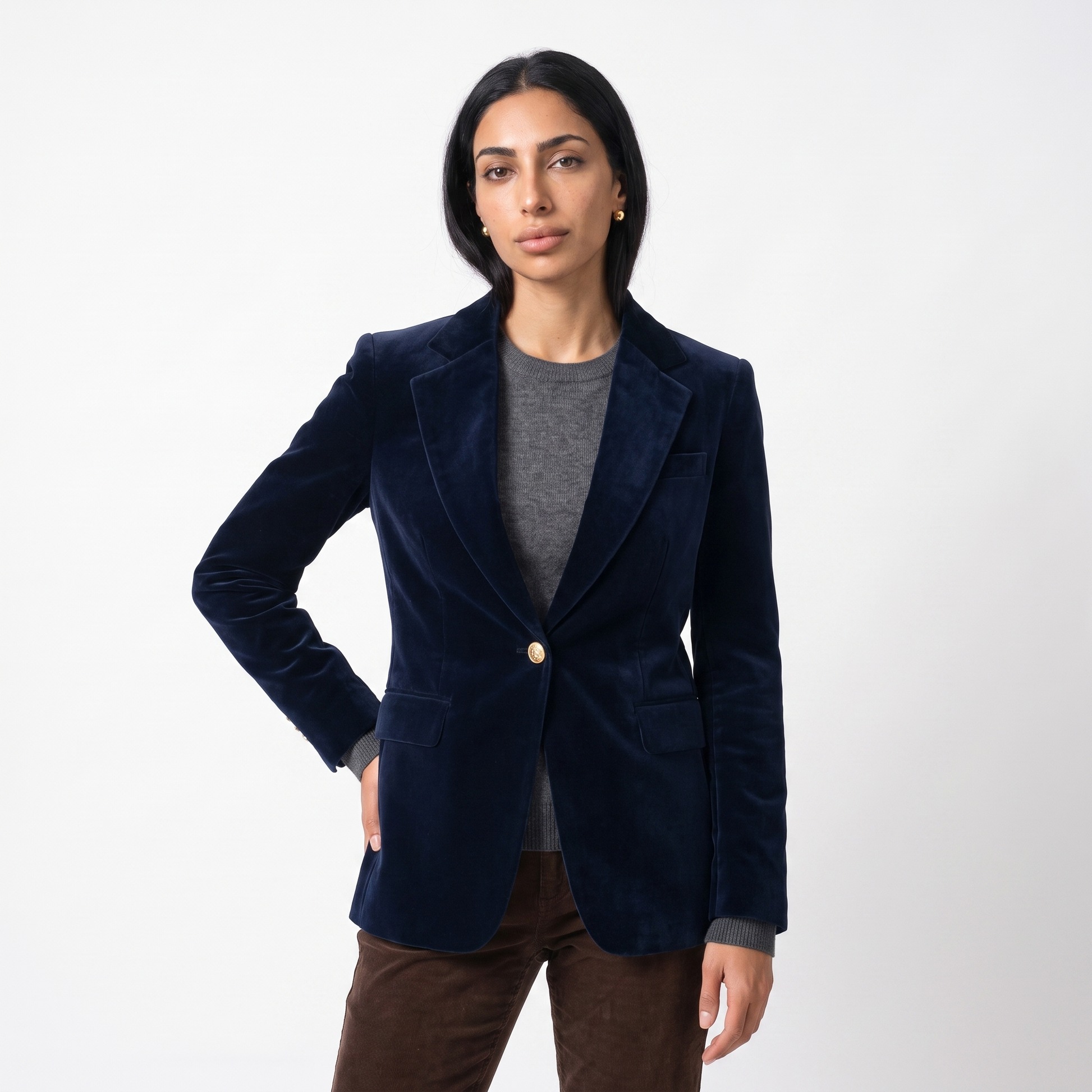 Sunoire isla womens structured velvet gold button slim fit blazer top front crop 01