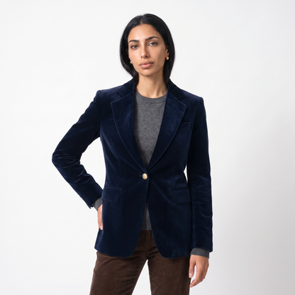 Sunoire isla womens structured velvet gold button slim fit blazer top front crop 01