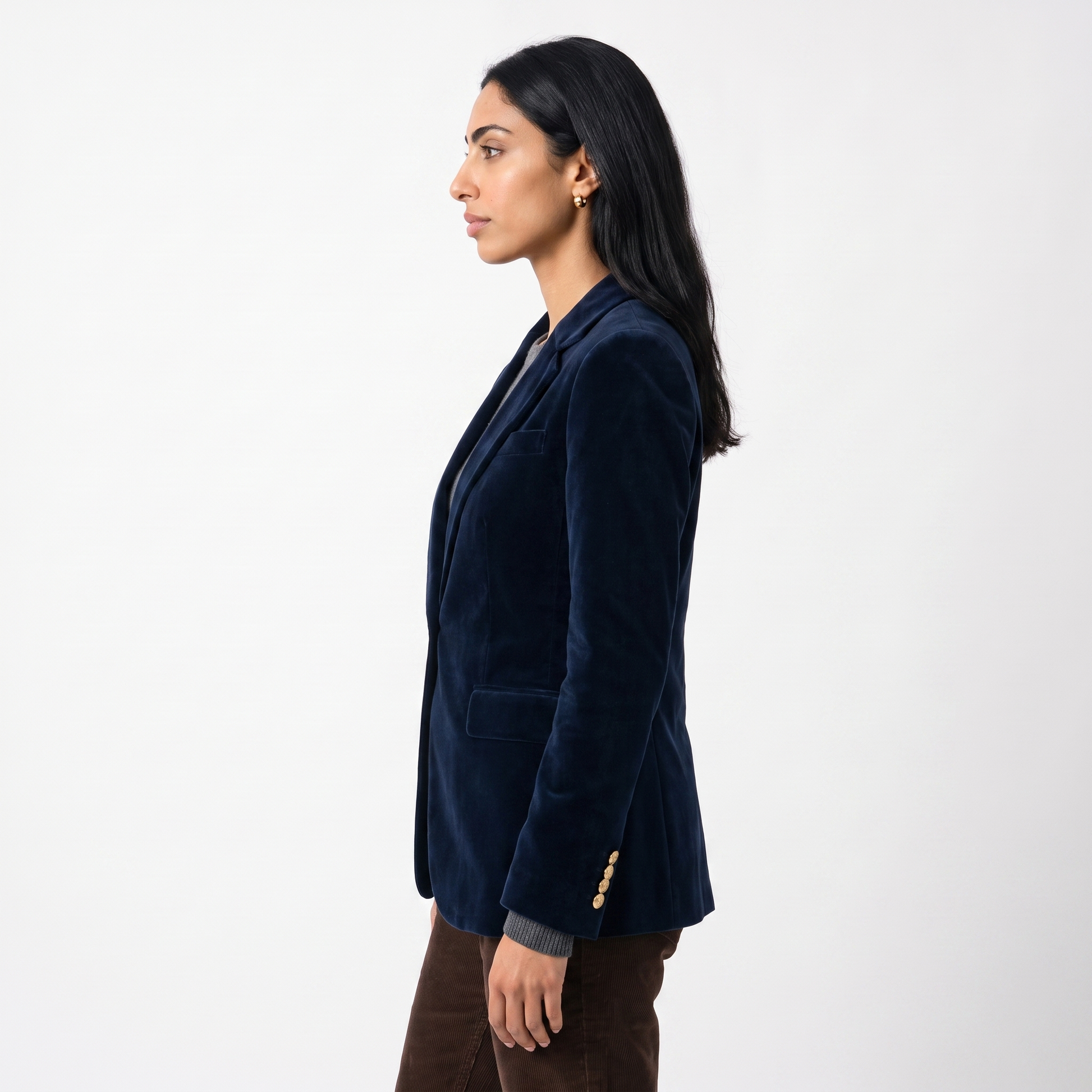 Sunoire isla womens structured velvet gold button slim fit blazer top side crop 01