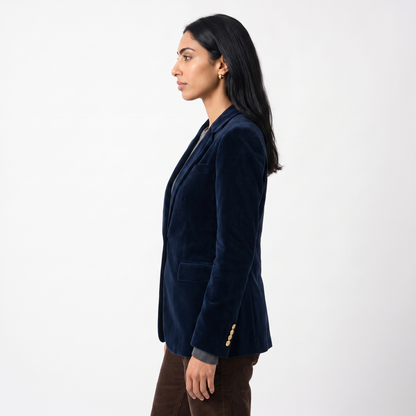 Sunoire isla womens structured velvet gold button slim fit blazer top side crop 01