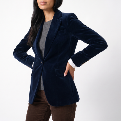 Sunoire isla womens structured velvet gold button slim fit blazer torso crop 01