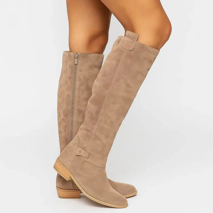 Knee High Boots Suede Block Heel Side Zip in Beige