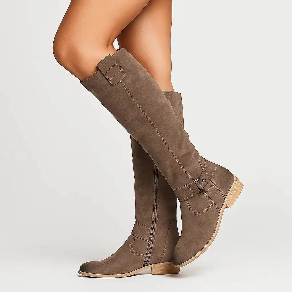 Knee High Boots Suede Block Heel Side Zip in Brown