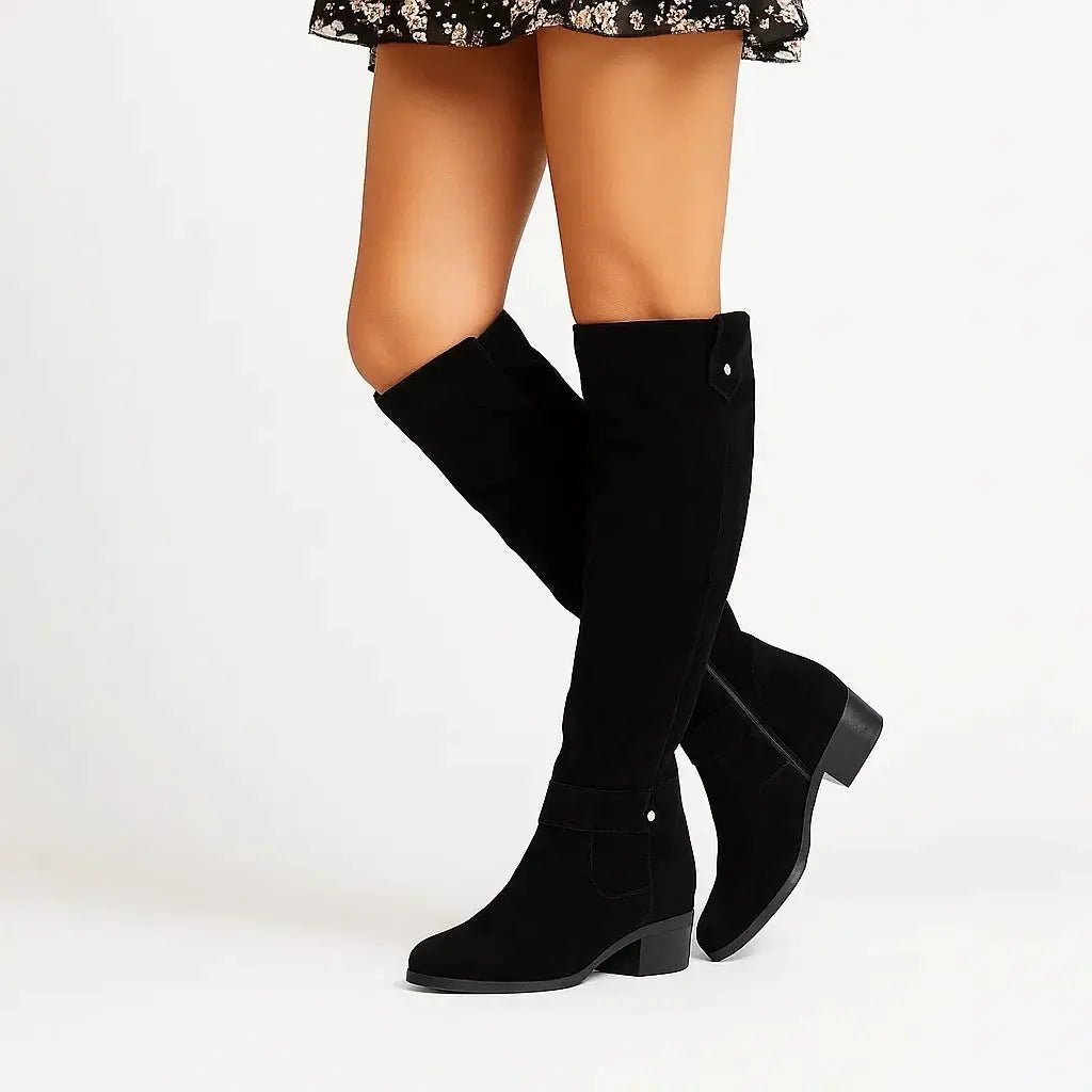 Knee High Boots Suede Block Heel Side Zip in Black