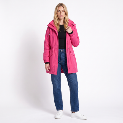 Women's Hooded Longline Parka, Magenta Water Repellent Raincoat, front view