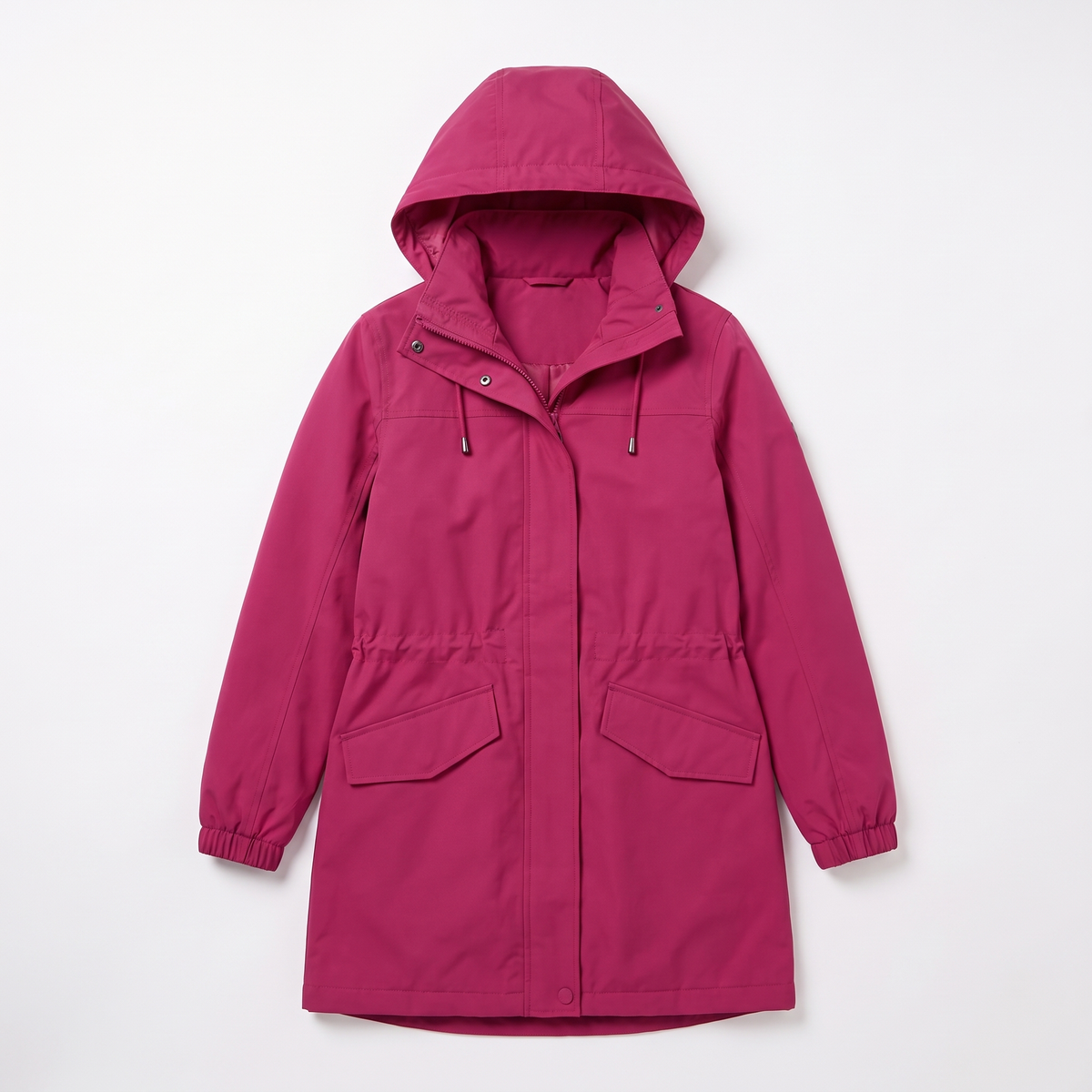 Women's Hooded Longline Parka, Magenta Water Repellent Raincoat, flatlay view