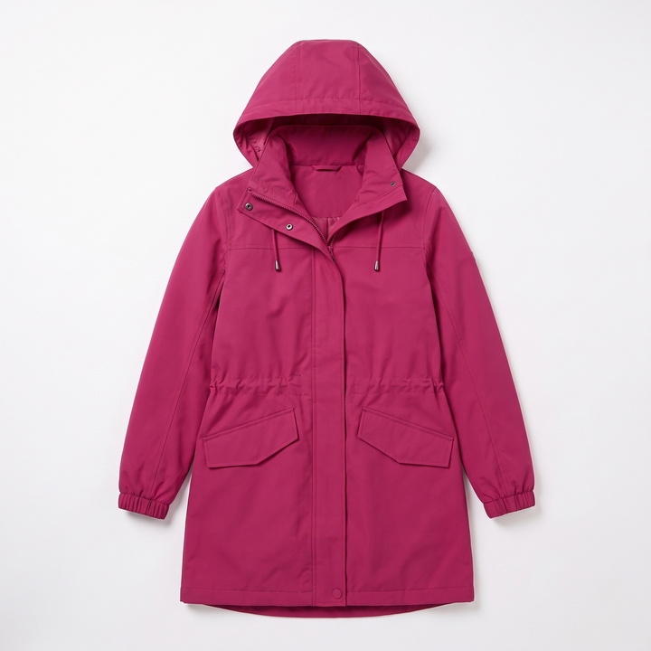 Women's Hooded Longline Parka, Magenta Water Repellent Raincoat, flatlay view