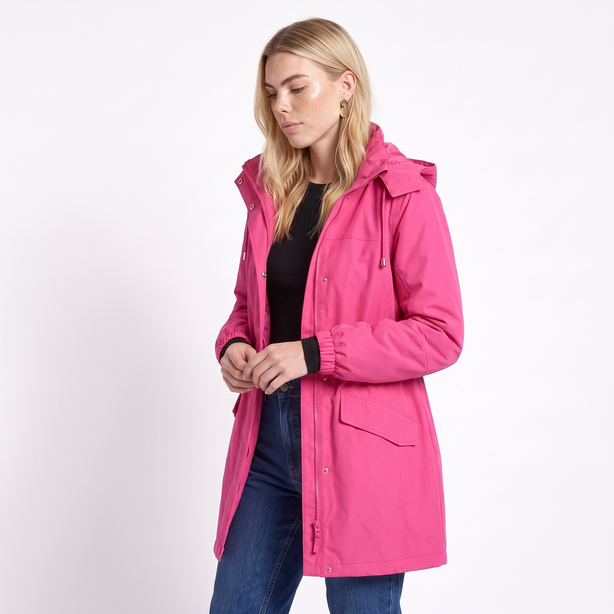 Women's Hooded Longline Parka, Magenta Water Repellent Raincoat, three quarter view