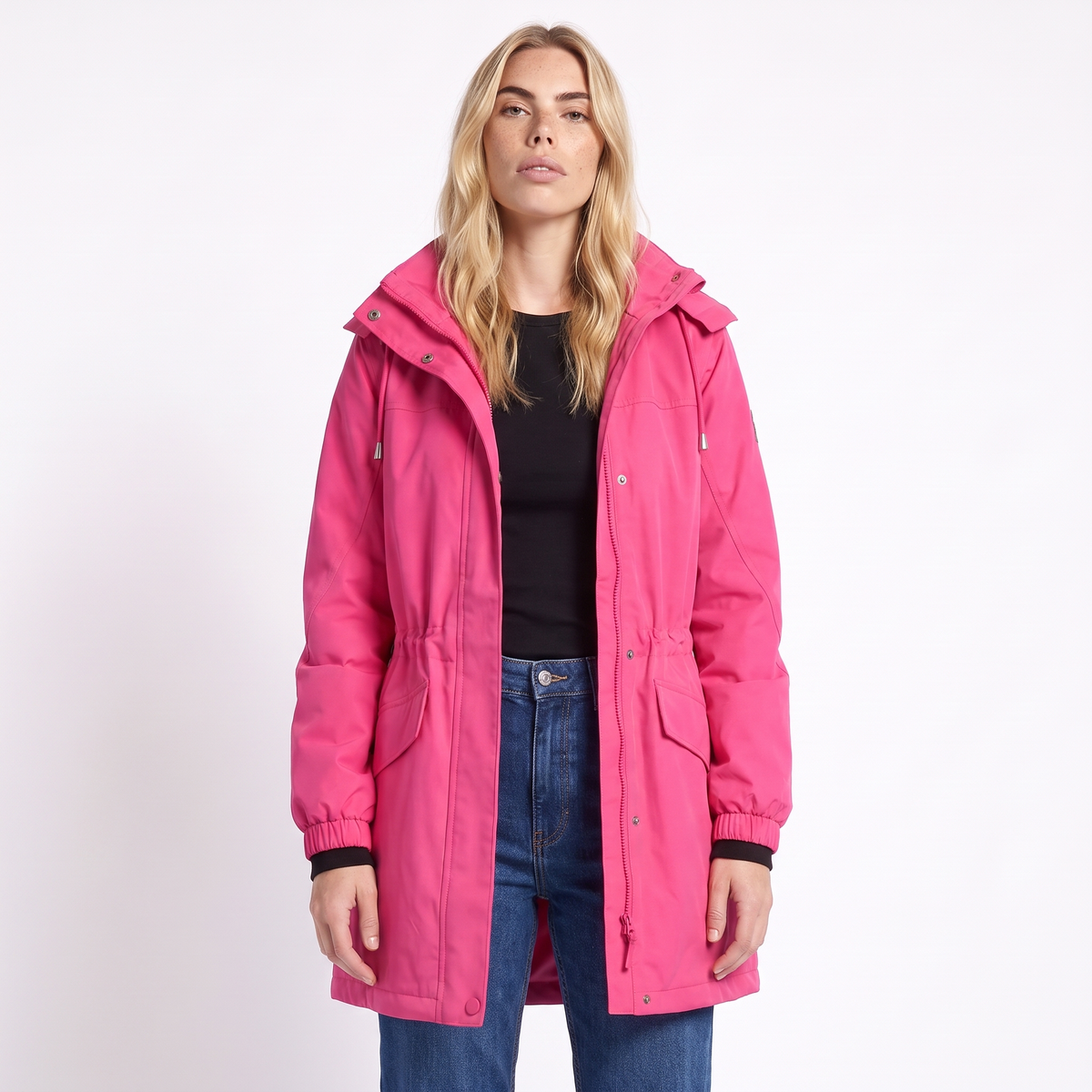 Women's Hooded Longline Parka, Magenta Water Repellent Raincoat, front view