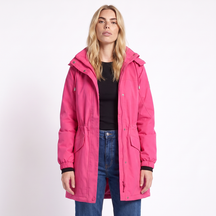 Women's Hooded Longline Parka, Magenta Water Repellent Raincoat, front view