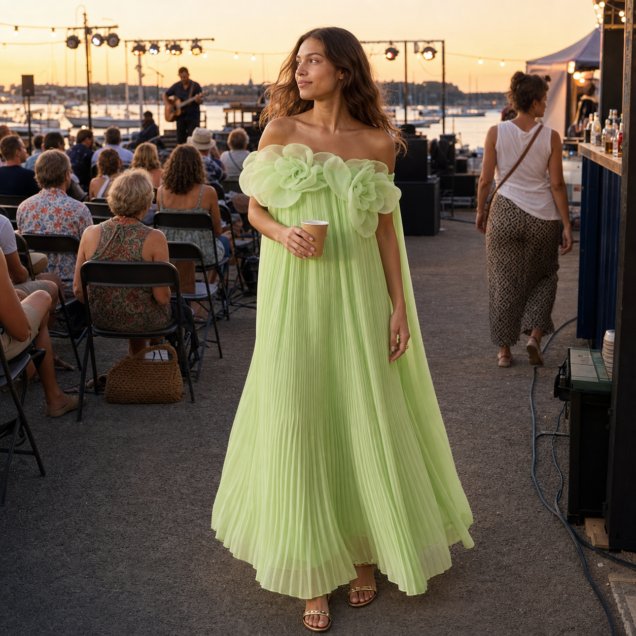 3D Floral Pleated Off Shoulder Maxi Dress – Green Wedding Guest Dress — lifestyle photo