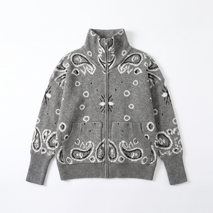 Sunoire jxwatcher 2026 new fashion long sleeved custom turtleneck zip up knit coat patterned cardigan autumn women jacquard sweater garment flatlay 01