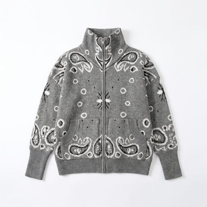 Sunoire jxwatcher 2026 new fashion long sleeved custom turtleneck zip up knit coat patterned cardigan autumn women jacquard sweater garment flatlay 01