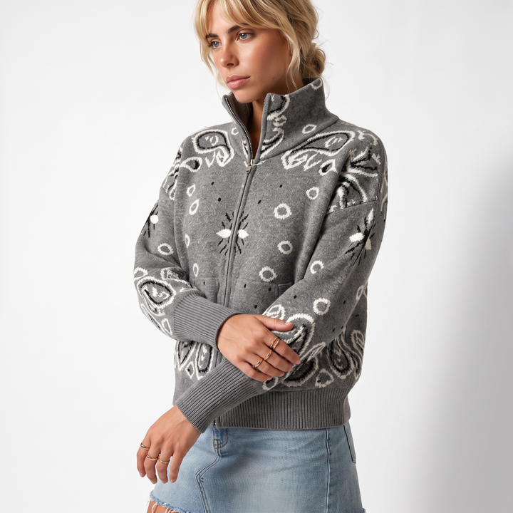 Sunoire jxwatcher 2026 new fashion long sleeved custom turtleneck zip up knit coat patterned cardigan autumn women jacquard sweater top crop 3q 01