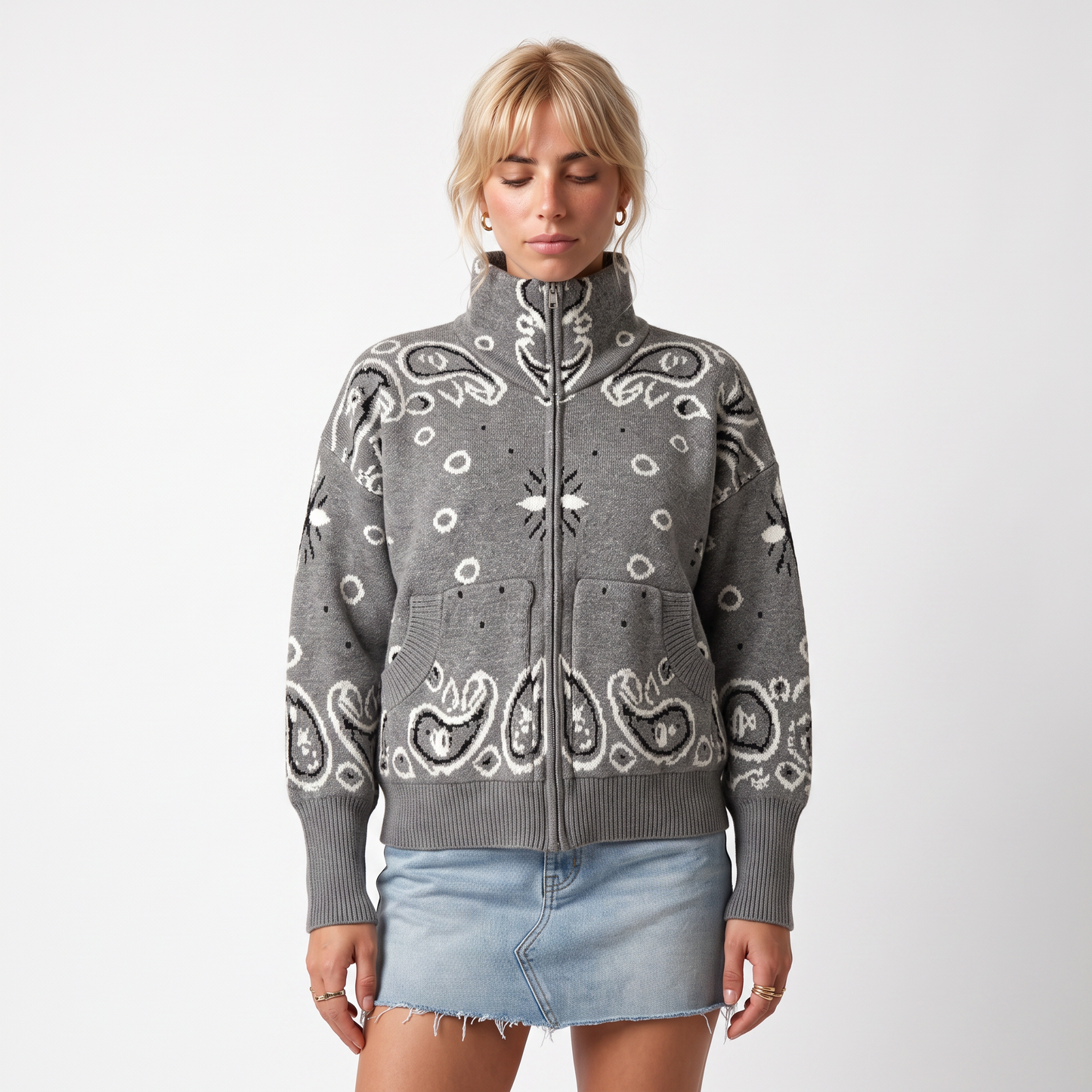 Sunoire jxwatcher 2026 new fashion long sleeved custom turtleneck zip up knit coat patterned cardigan autumn women jacquard sweater top front crop 01