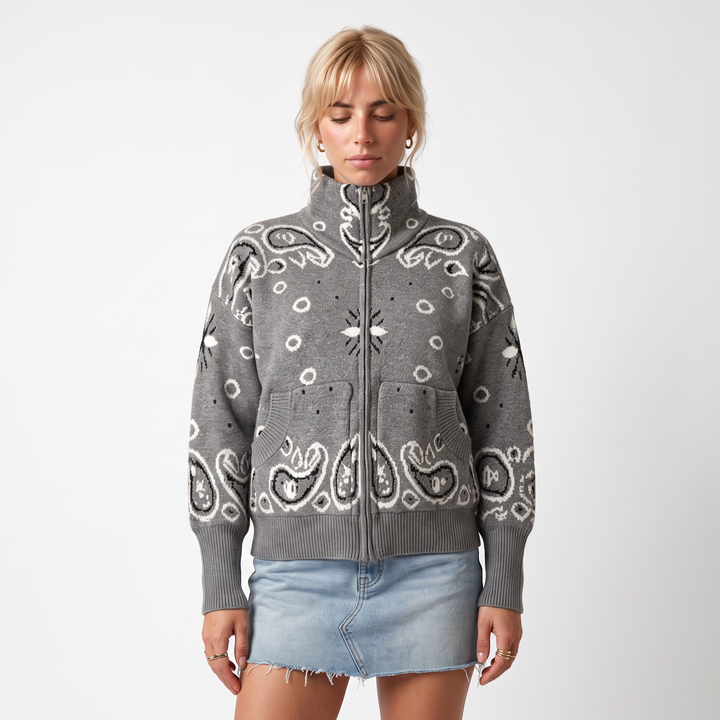 Sunoire jxwatcher 2026 new fashion long sleeved custom turtleneck zip up knit coat patterned cardigan autumn women jacquard sweater top front crop 01