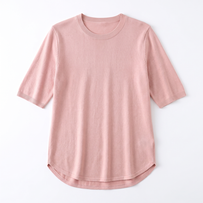 Sunoire knitted women s short sleeved round neck t shirt slim fit korean version elegant commuting summer new cool base shirt garment flatlay 01