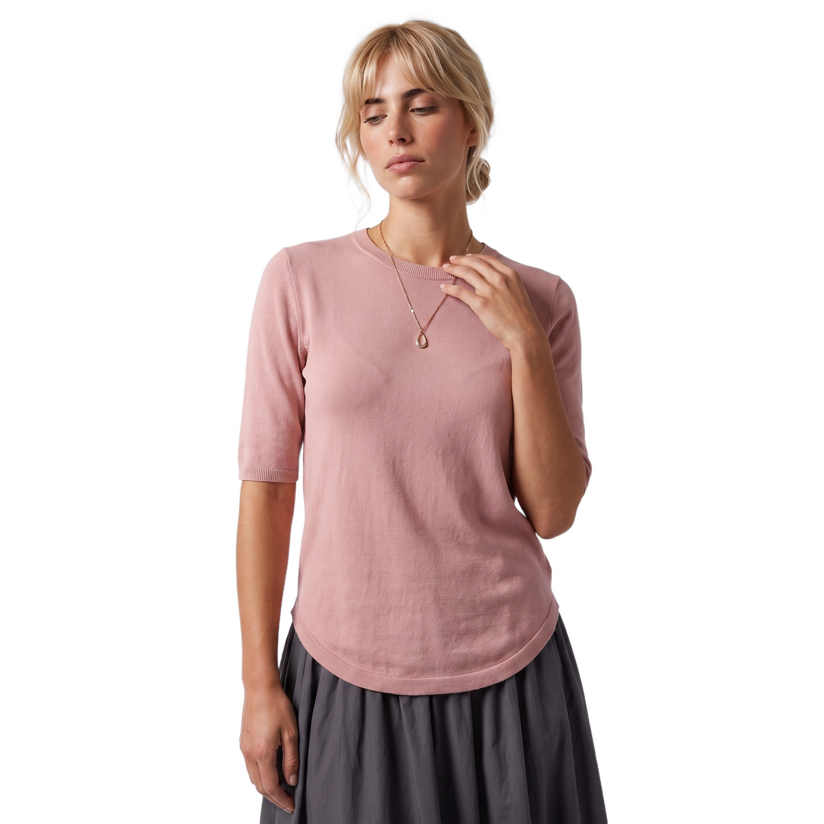 Sunoire knitted women s short sleeved round neck t shirt slim fit korean version elegant commuting summer new cool base shirt top front crop 01
