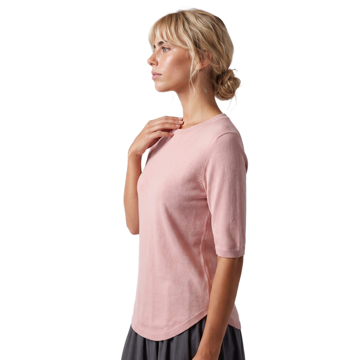 Sunoire knitted women s short sleeved round neck t shirt slim fit korean version elegant commuting summer new cool base shirt top side crop 01