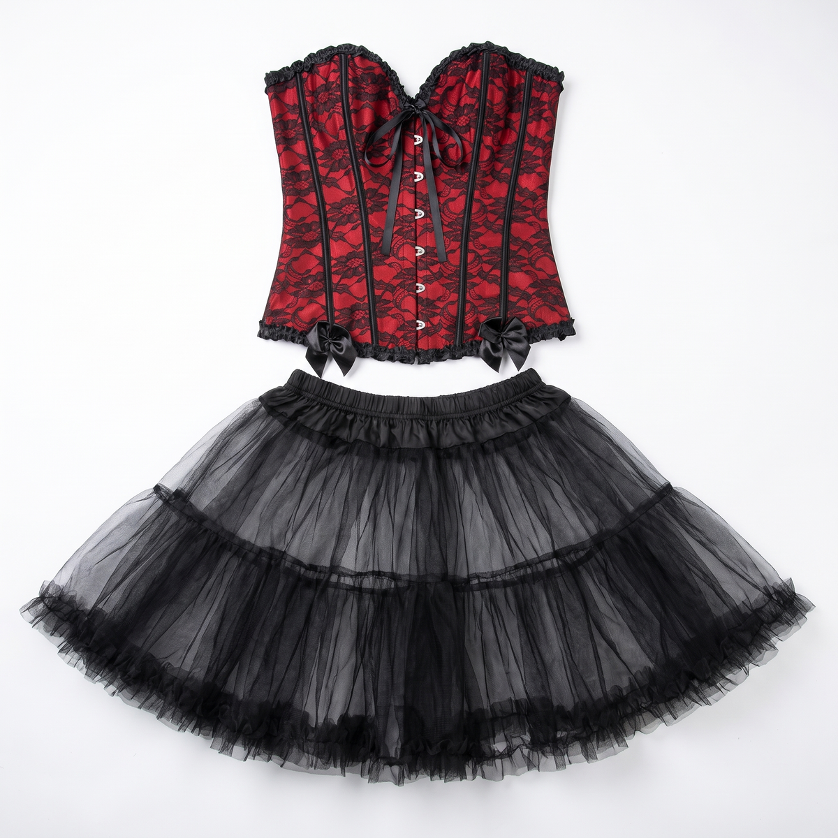 Sunoire lace overbust corset tulle skirt set garment flatlay 01
