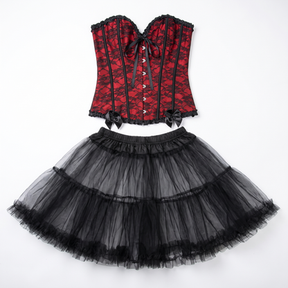 Sunoire lace overbust corset tulle skirt set garment flatlay 01