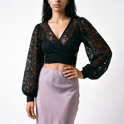 Sunoire lace shirt lace up back see through design short slimming solid color new autumn korean style chic blouse all match top women colorway black front crop 01