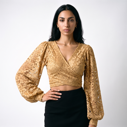 Sunoire lace shirt lace up back see through design short slimming solid color new autumn korean style chic blouse all match top women colorway curry front crop 01