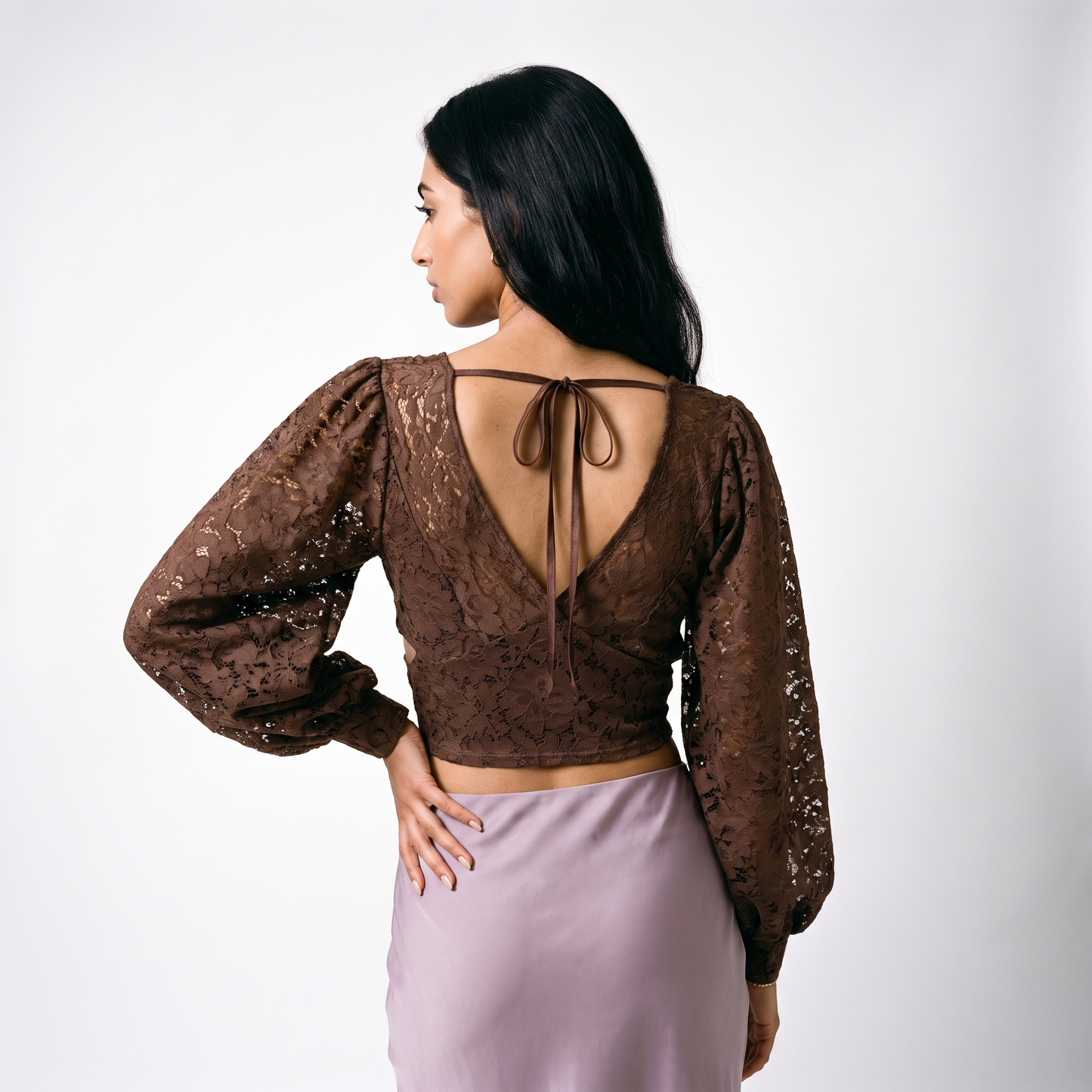 Sunoire lace shirt lace up back see through design short slimming solid color new autumn korean style chic blouse all match top women top back crop 01