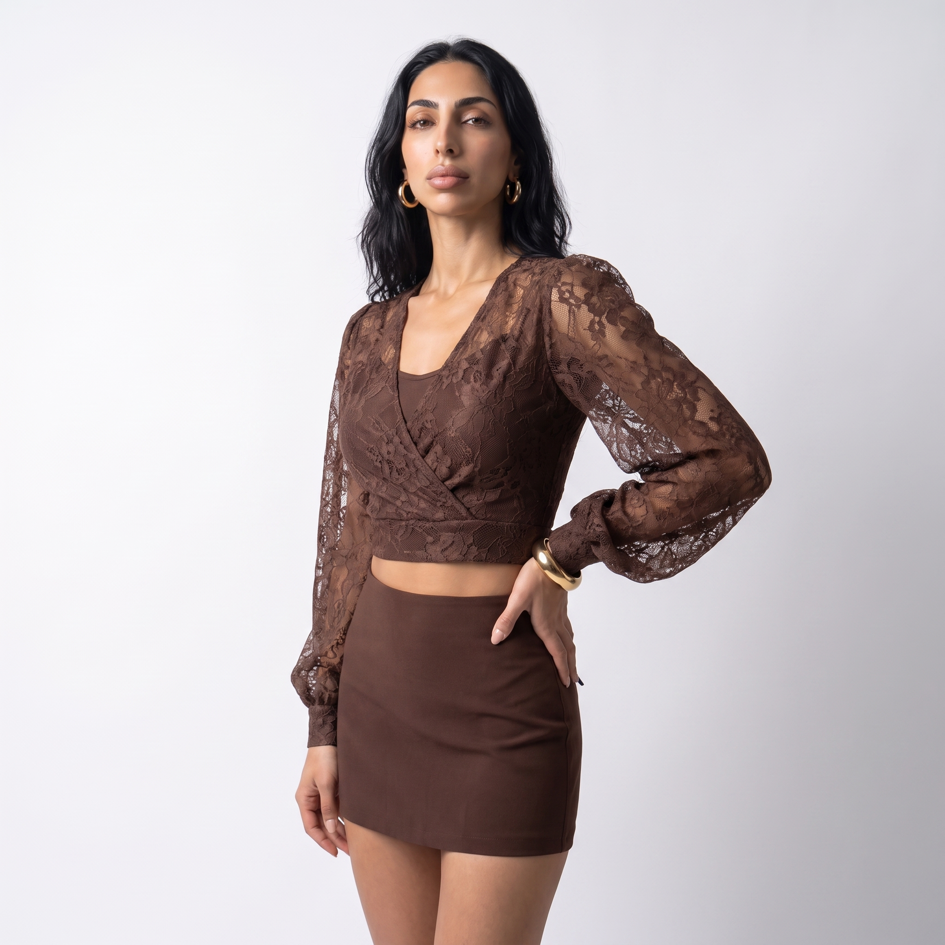 Sunoire lace shirt lace up back see through design short slimming solid color new autumn korean style chic blouse all match top women top crop 3q 01