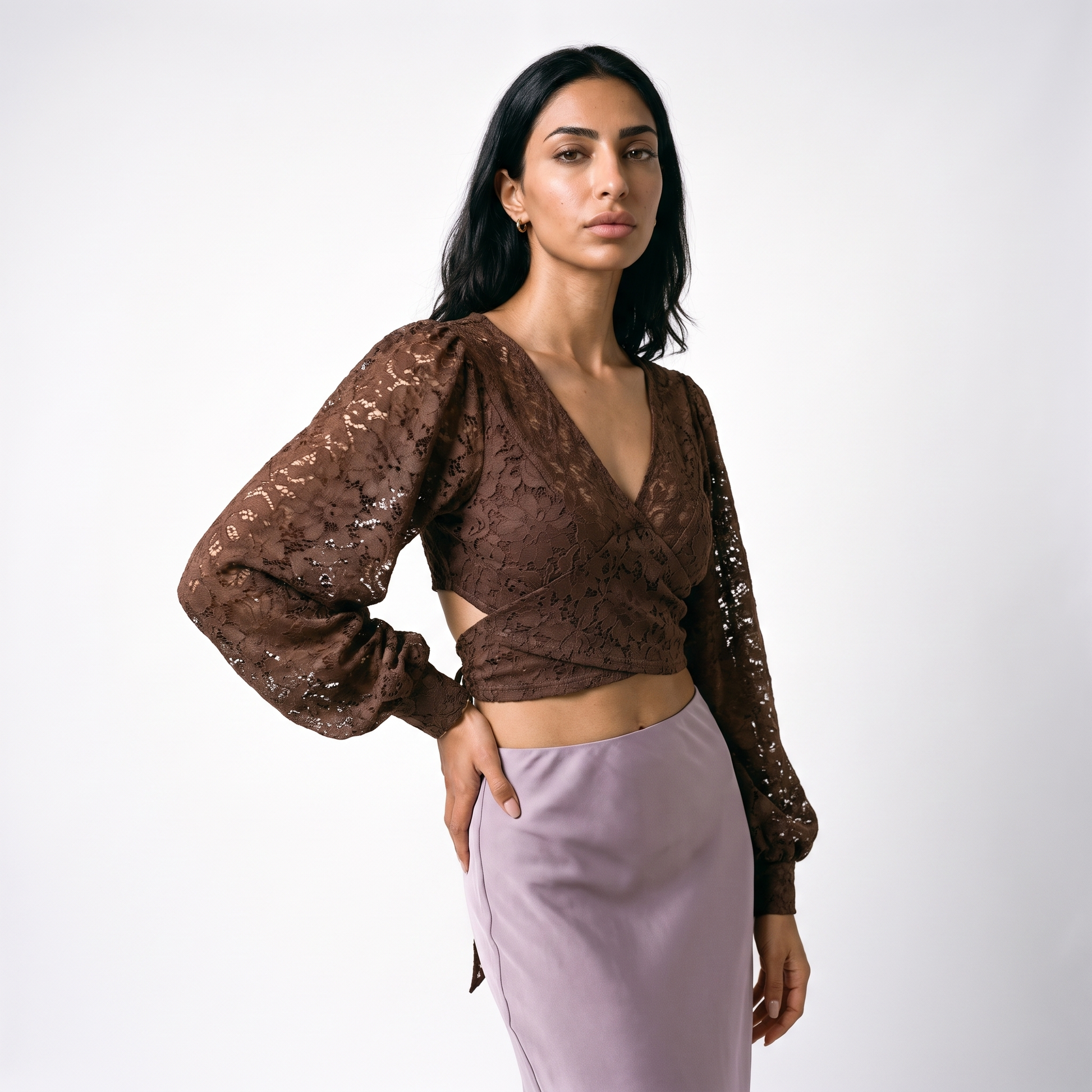 Sunoire lace shirt lace up back see through design short slimming solid color new autumn korean style chic blouse all match top women top crop 3q 01