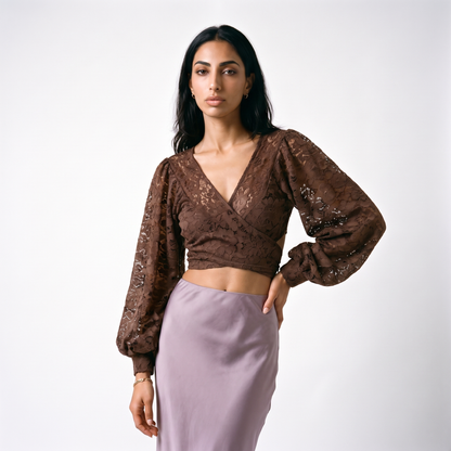 Sunoire lace shirt lace up back see through design short slimming solid color new autumn korean style chic blouse all match top women top front crop 01
