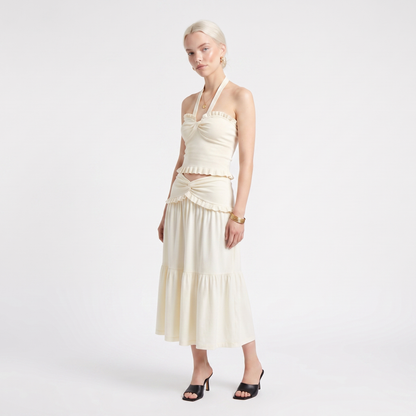 Sunoire ladies knitted suit autumn halter v neck sleeveless waist navel blouse and button long midi skirt two piece women set colorway apricot front hero 01
