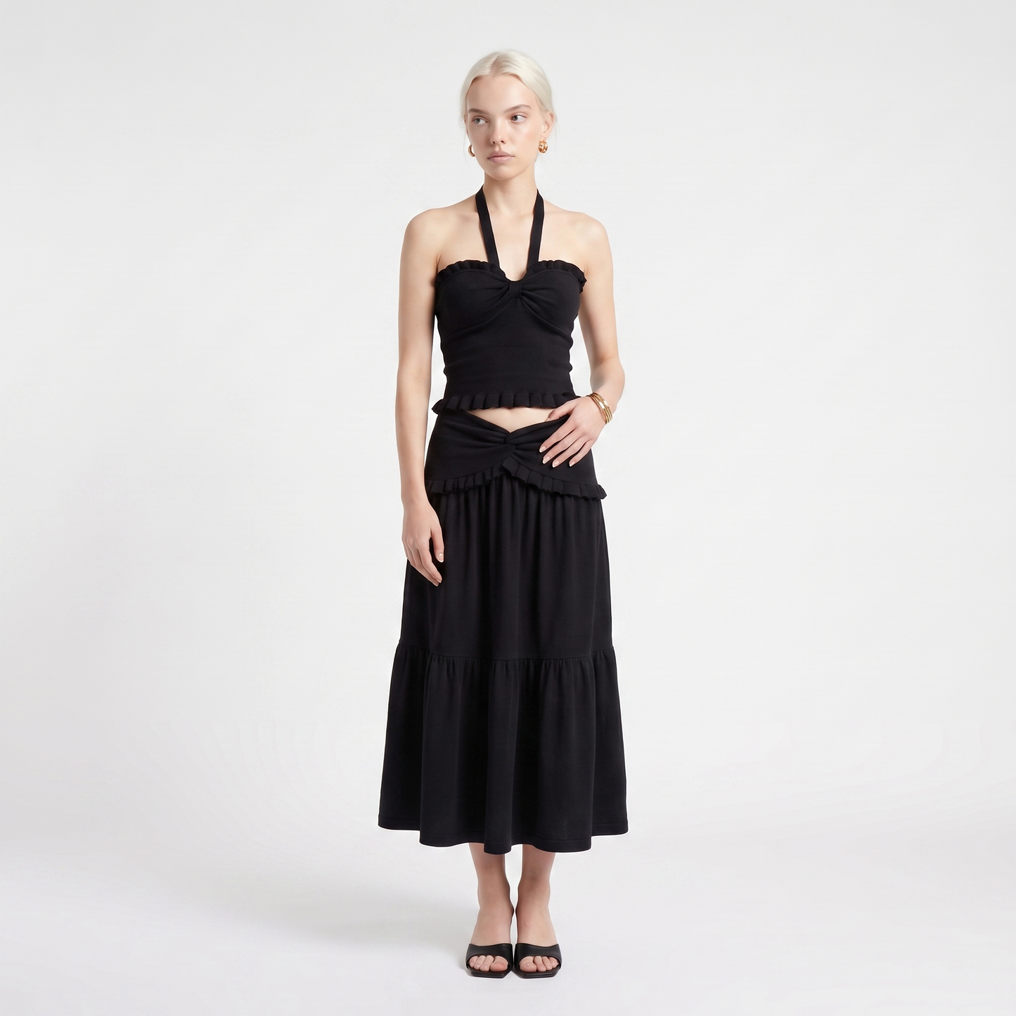 Sunoire ladies knitted suit autumn halter v neck sleeveless waist navel blouse and button long midi skirt two piece women set colorway black front hero 01