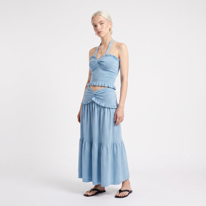 Sunoire ladies knitted suit autumn halter v neck sleeveless waist navel blouse and button long midi skirt two piece women set colorway blue front hero 01