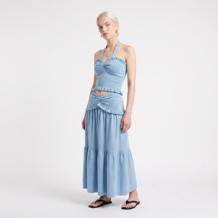 Ruffle Trim Halter Top Tiered Midi Skirt Set – Summer Two Piece Set — Blue