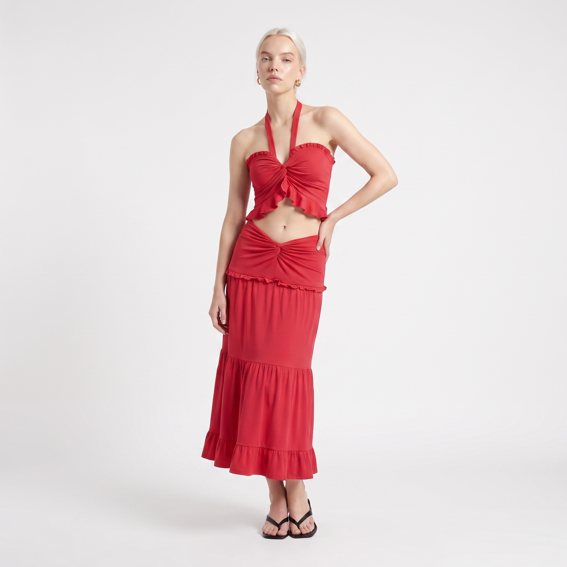 Sunoire ladies knitted suit autumn halter v neck sleeveless waist navel blouse and button long midi skirt two piece women set colorway red front hero 01