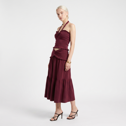 Sunoire ladies knitted suit autumn halter v neck sleeveless waist navel blouse and button long midi skirt two piece women set front hero 01