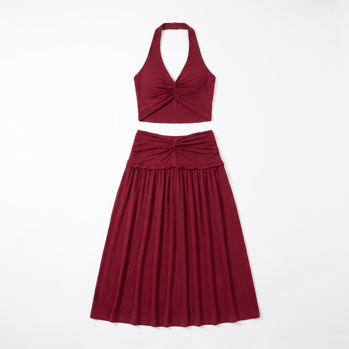 Sunoire ladies knitted suit autumn halter v neck sleeveless waist navel blouse and button long midi skirt two piece women set garment flatlay 01