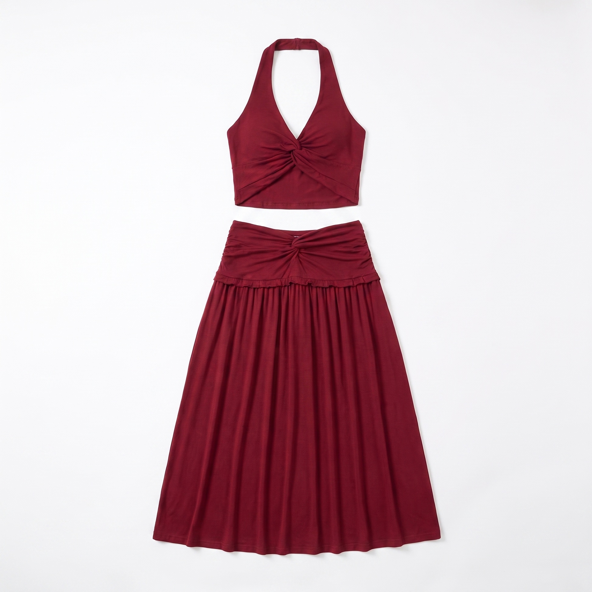 Sunoire ladies knitted suit autumn halter v neck sleeveless waist navel blouse and button long midi skirt two piece women set garment flatlay 01