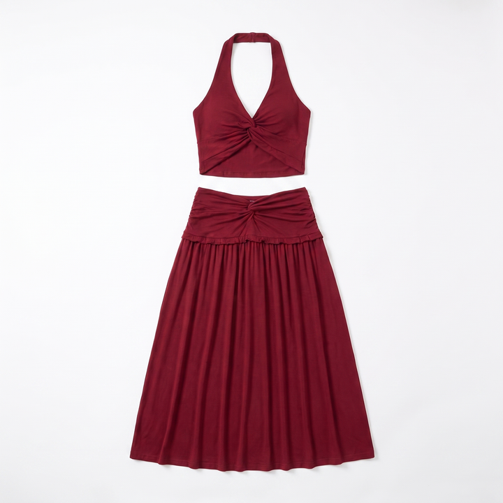 Sunoire ladies knitted suit autumn halter v neck sleeveless waist navel blouse and button long midi skirt two piece women set garment flatlay 01