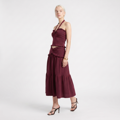 Sunoire ladies knitted suit autumn halter v neck sleeveless waist navel blouse and button long midi skirt two piece women set three quarter 01