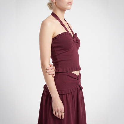 Sunoire ladies knitted suit autumn halter v neck sleeveless waist navel blouse and button long midi skirt two piece women set torso crop 01
