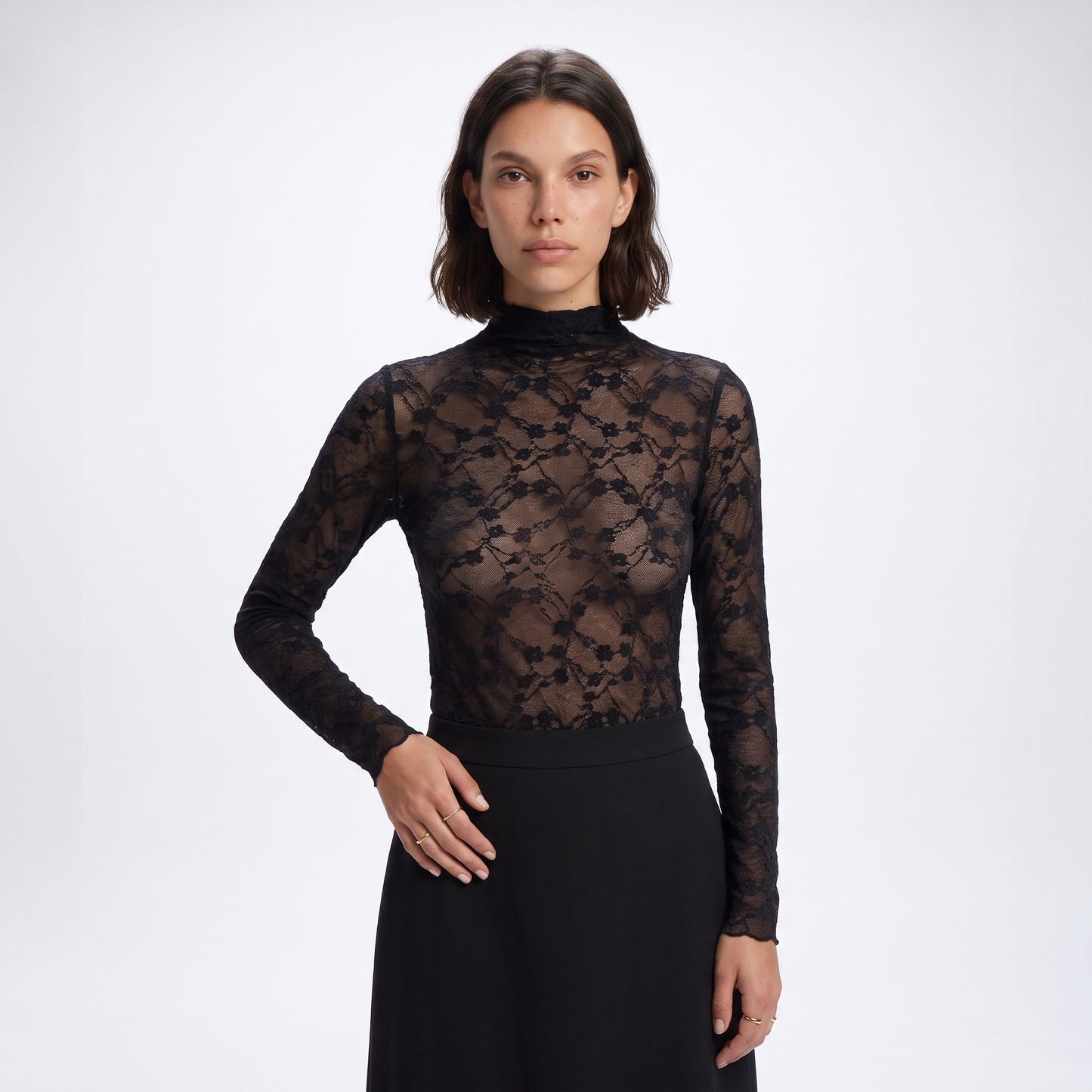 Sunoire ladies lace patterned high neck base shirt long sleeved semi transparent mesh top date work uniform colorway black front crop 01