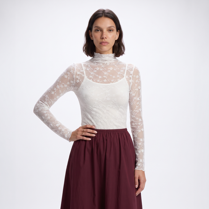 Sunoire ladies lace patterned high neck base shirt long sleeved semi transparent mesh top date work uniform colorway white cream front crop 01