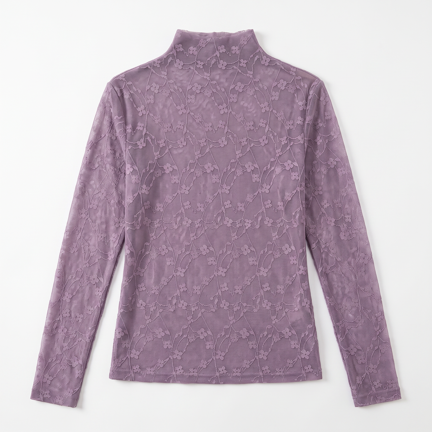 Sunoire ladies lace patterned high neck base shirt long sleeved semi transparent mesh top date work uniform garment flatlay 01