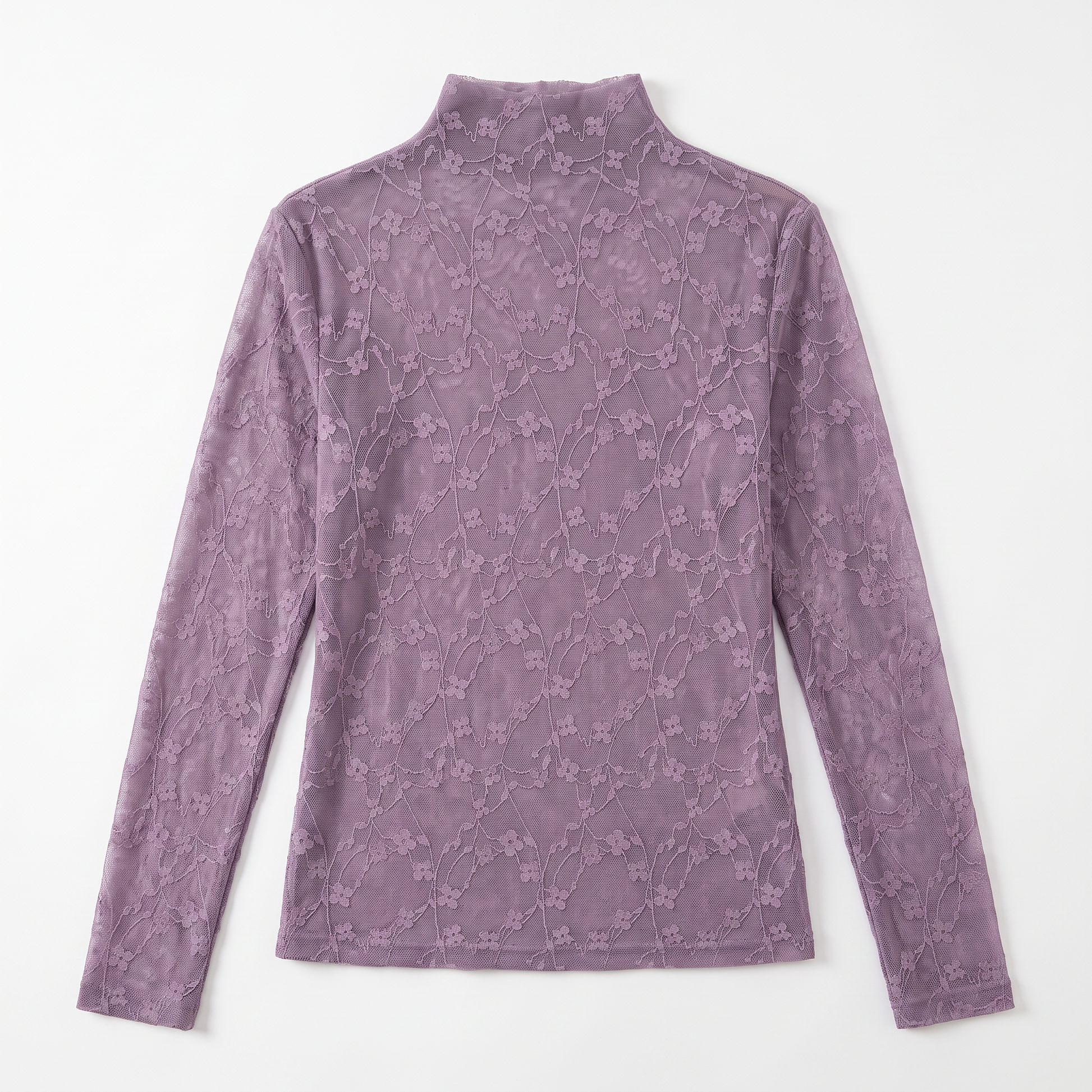 Sunoire ladies lace patterned high neck base shirt long sleeved semi transparent mesh top date work uniform garment flatlay 01