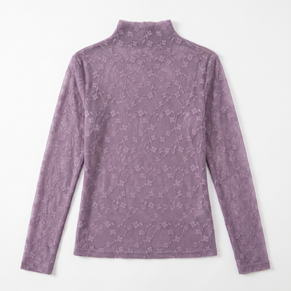Sunoire ladies lace patterned high neck base shirt long sleeved semi transparent mesh top date work uniform garment flatlay 01
