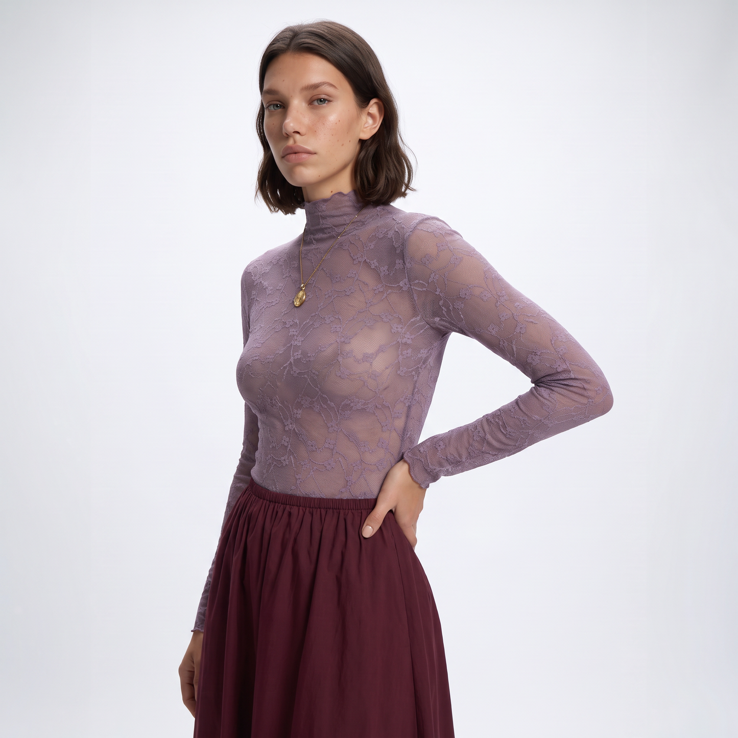 Sunoire ladies lace patterned high neck base shirt long sleeved semi transparent mesh top date work uniform top crop 3q 01